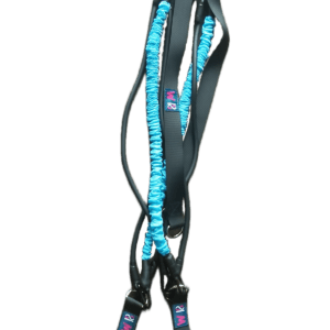 A blue harness with a black and white background